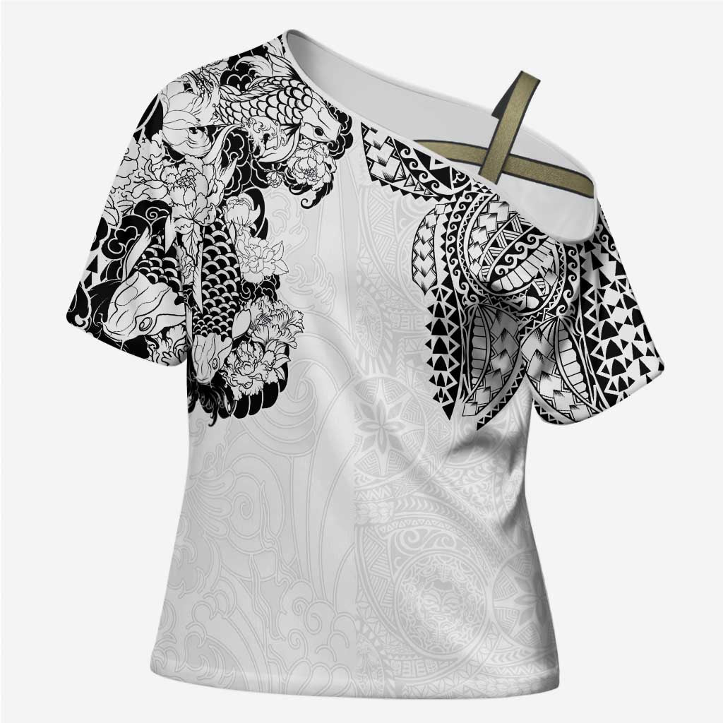 Japanese Irezumi and Hawaiian Polynesian Art Tattoo Cross Shoulder Shirt White Color LT03 Female White - Polynesian Pride