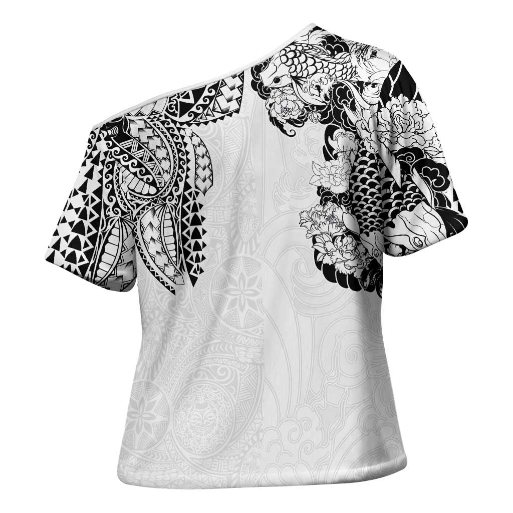 Japanese Irezumi and Hawaiian Polynesian Art Tattoo Cross Shoulder Shirt White Color LT03 - Polynesian Pride