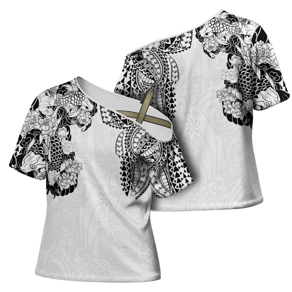 Japanese Irezumi and Hawaiian Polynesian Art Tattoo Cross Shoulder Shirt White Color LT03 - Polynesian Pride