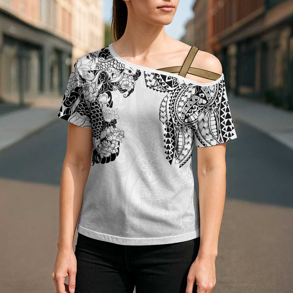 Japanese Irezumi and Hawaiian Polynesian Art Tattoo Cross Shoulder Shirt White Color LT03 - Polynesian Pride