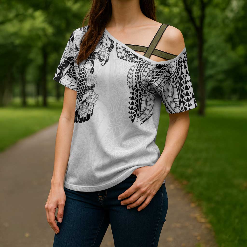 Japanese Irezumi and Hawaiian Polynesian Art Tattoo Cross Shoulder Shirt White Color LT03 - Polynesian Pride