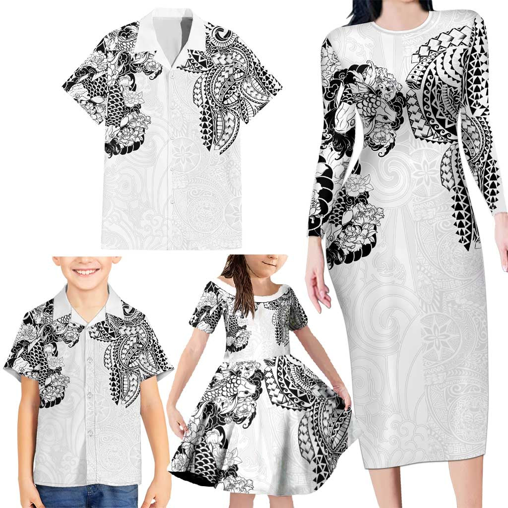 Japanese Irezumi and Hawaiian Polynesian Art Tattoo Family Matching Long Sleeve Bodycon Dress and Hawaiian Shirt White Color - Polynesian Pride
