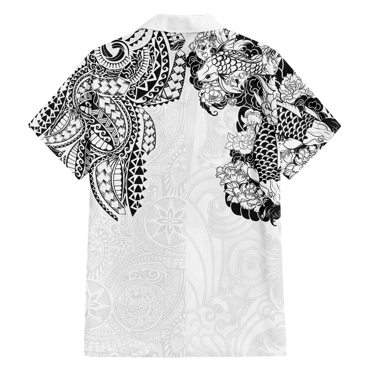 Japanese Irezumi and Hawaiian Polynesian Art Tattoo Family Matching Off The Shoulder Long Sleeve Dress and Hawaiian Shirt White Color - Polynesian Pride