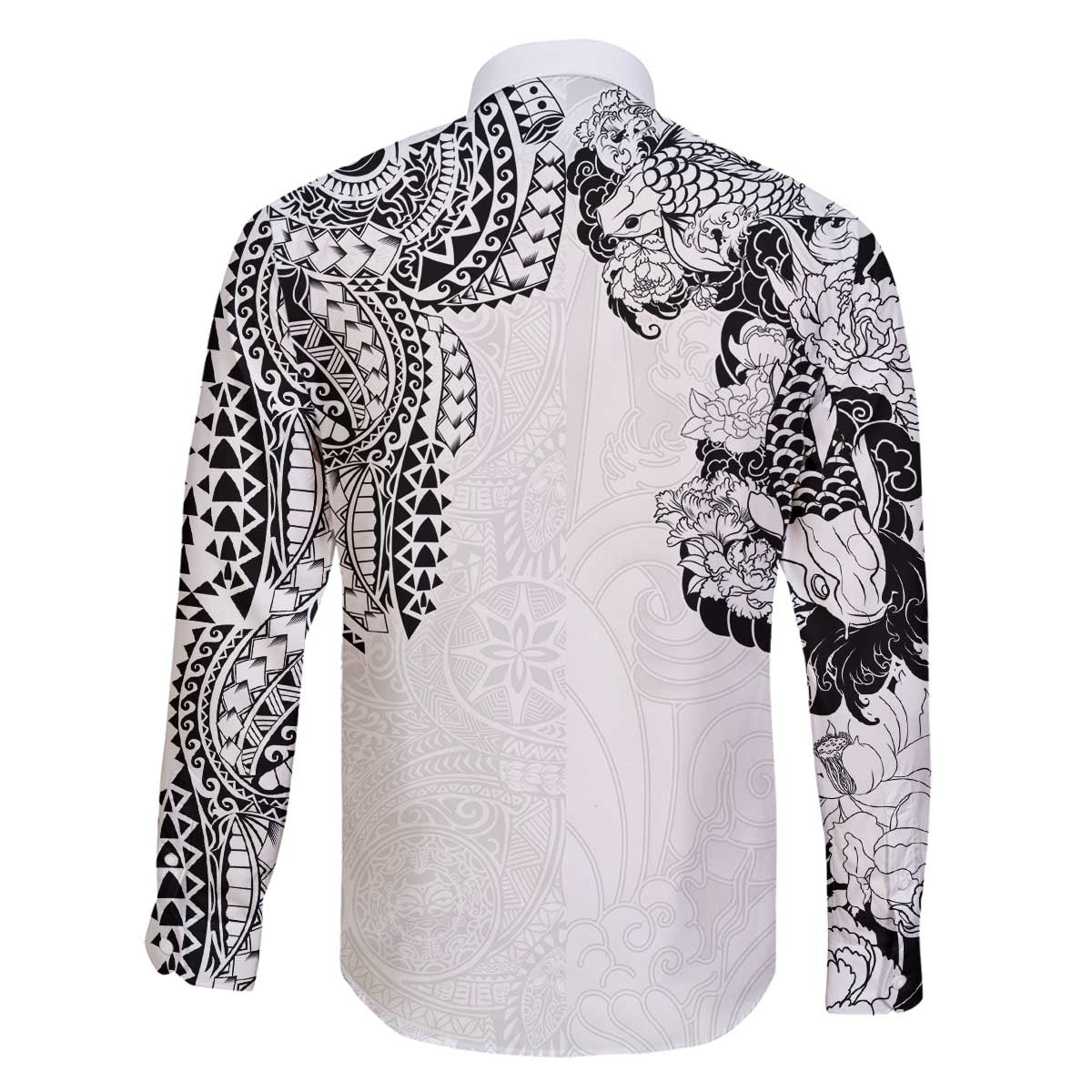 Japanese Irezumi and Hawaiian Polynesian Art Tattoo Family Matching Off The Shoulder Long Sleeve Dress and Hawaiian Shirt White Color - Polynesian Pride