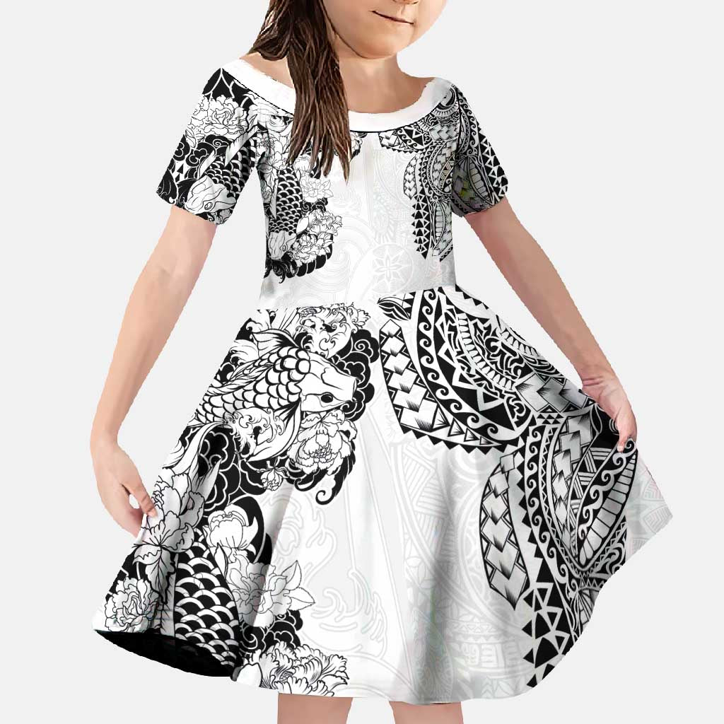Japanese Irezumi and Hawaiian Polynesian Art Tattoo Family Matching Off Shoulder Maxi Dress and Hawaiian Shirt White Color - Polynesian Pride