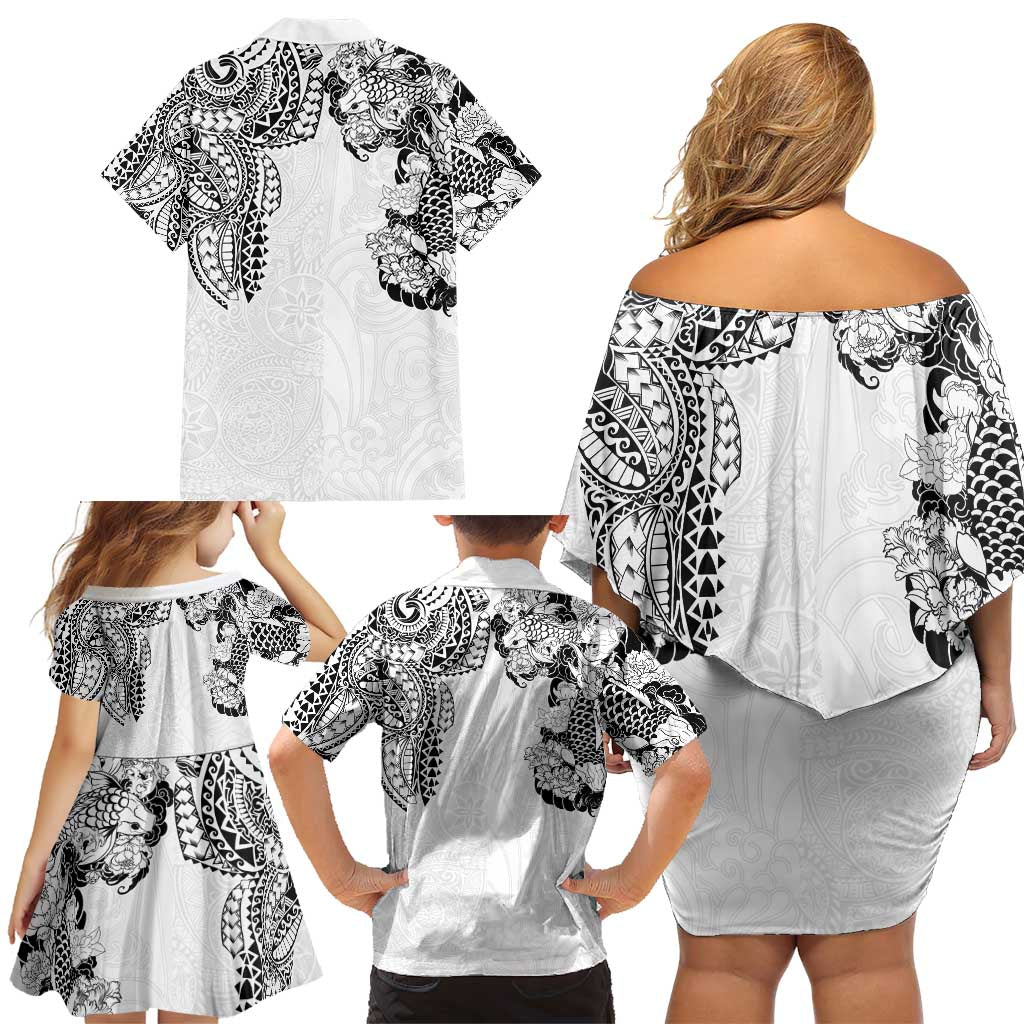 Japanese Irezumi and Hawaiian Polynesian Art Tattoo Family Matching Off Shoulder Short Dress and Hawaiian Shirt White Color - Polynesian Pride