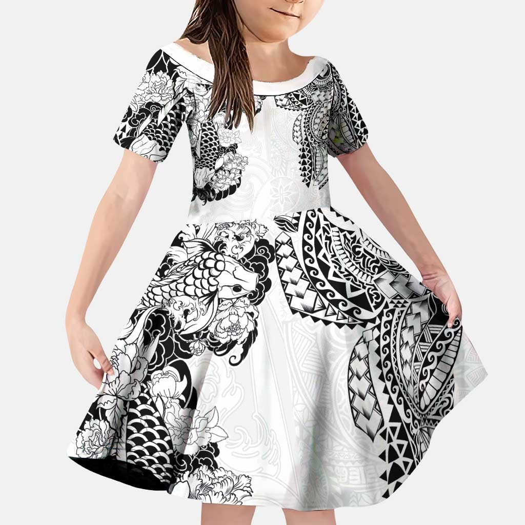 Japanese Irezumi and Hawaiian Polynesian Art Tattoo Family Matching Puletasi and Hawaiian Shirt White Color - Polynesian Pride