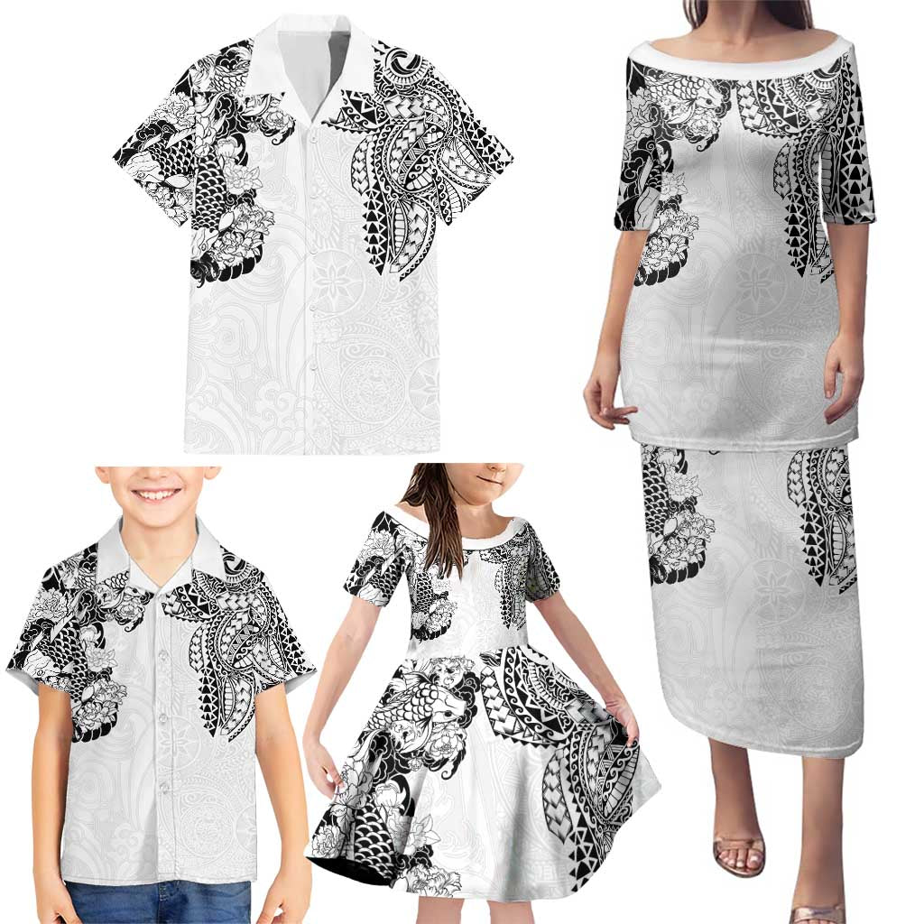 Japanese Irezumi and Hawaiian Polynesian Art Tattoo Family Matching Puletasi and Hawaiian Shirt White Color LT03 - Polynesian Pride