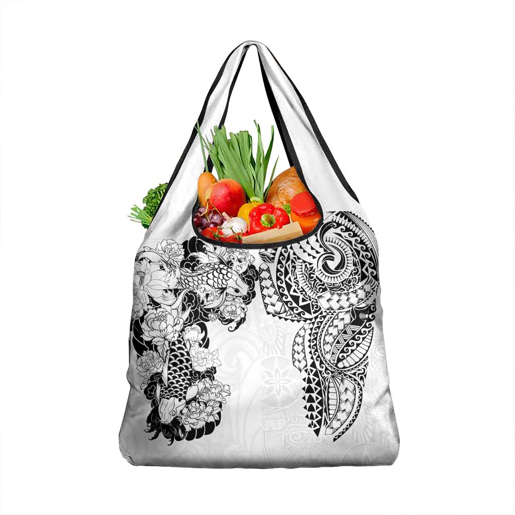 Japanese Irezumi and Hawaiian Polynesian Art Tattoo Grocery Bag White Color - Polynesian Pride