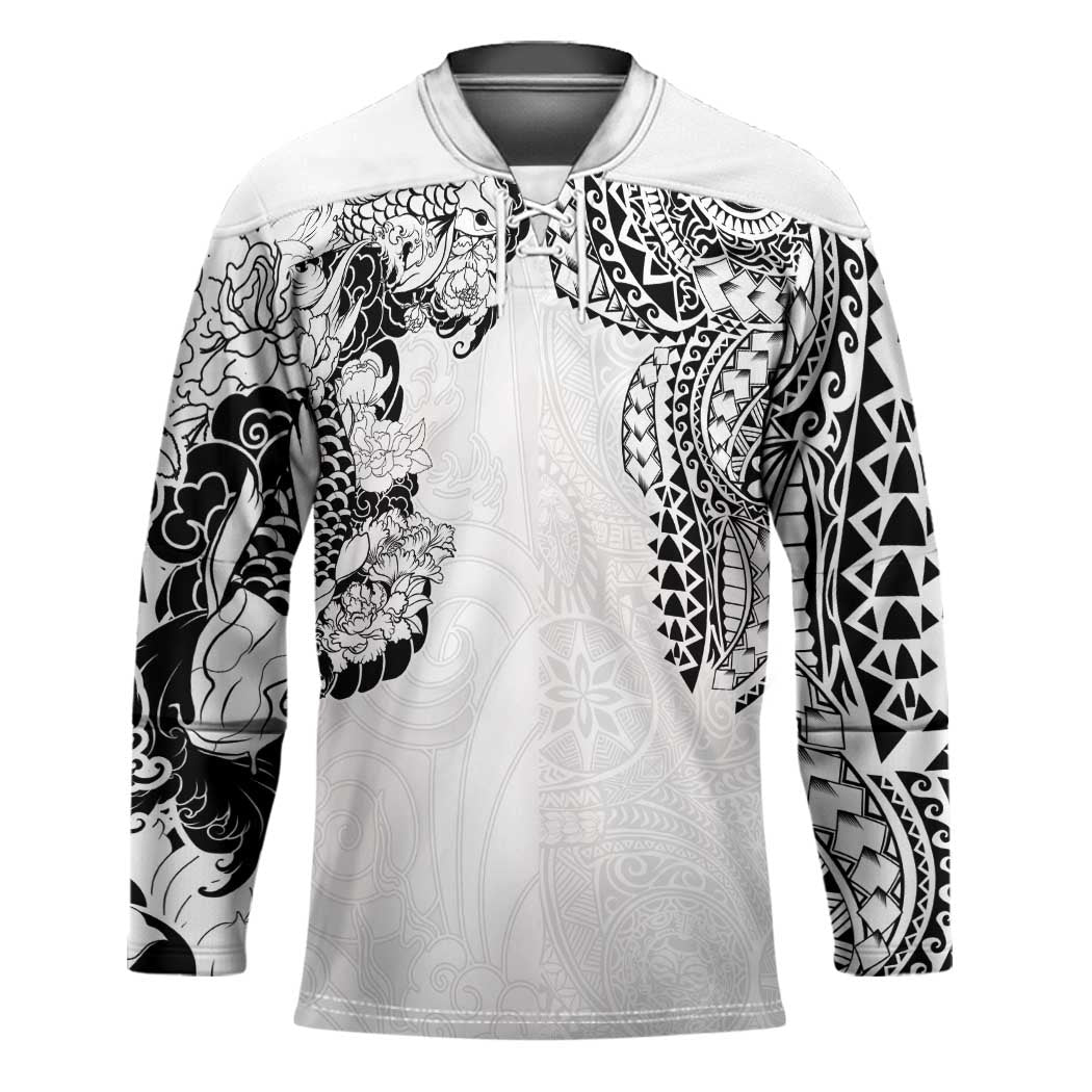 Japanese Irezumi and Hawaiian Polynesian Art Tattoo Hockey Jersey White Color LT03 Unisex White - Polynesian Pride