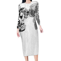 Japanese Irezumi and Hawaiian Polynesian Art Tattoo Long Sleeve Bodycon Dress White Color - Polynesian Pride