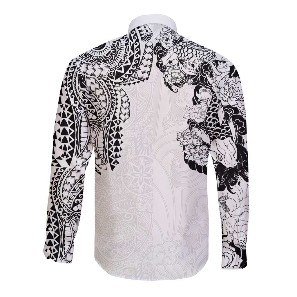 Japanese Irezumi and Hawaiian Polynesian Art Tattoo Long Sleeve Button Shirt White Color LT03 - Polynesian Pride