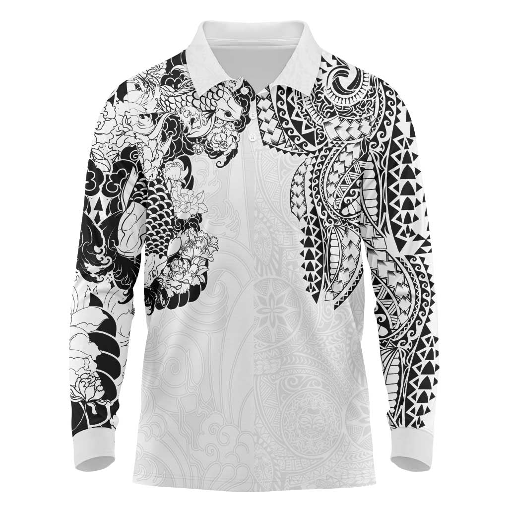 Japanese Irezumi and Hawaiian Polynesian Art Tattoo Long Sleeve Polo Shirt White Color LT03 White - Polynesian Pride