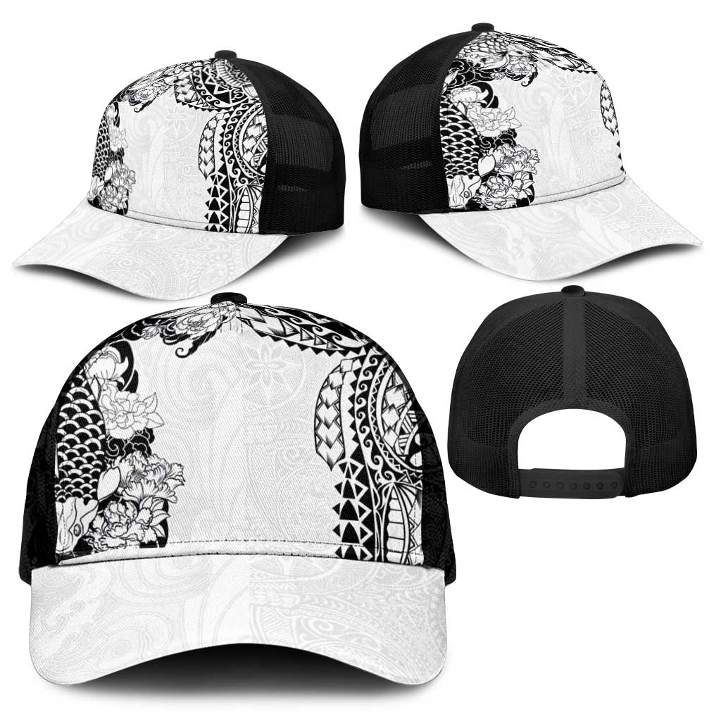 Japanese Irezumi and Hawaiian Polynesian Art Tattoo Mesh Trucker Cap White Color - Polynesian Pride