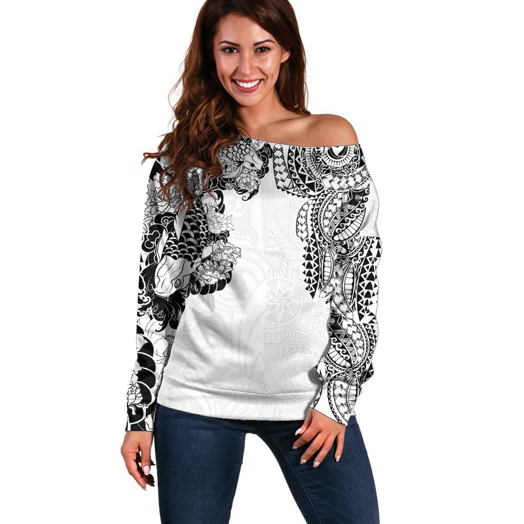 Japanese Irezumi and Hawaiian Polynesian Art Tattoo Off Shoulder Sweater White Color - Polynesian Pride