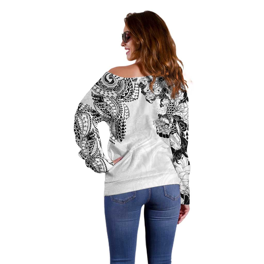 Japanese Irezumi and Hawaiian Polynesian Art Tattoo Off Shoulder Sweater White Color - Polynesian Pride