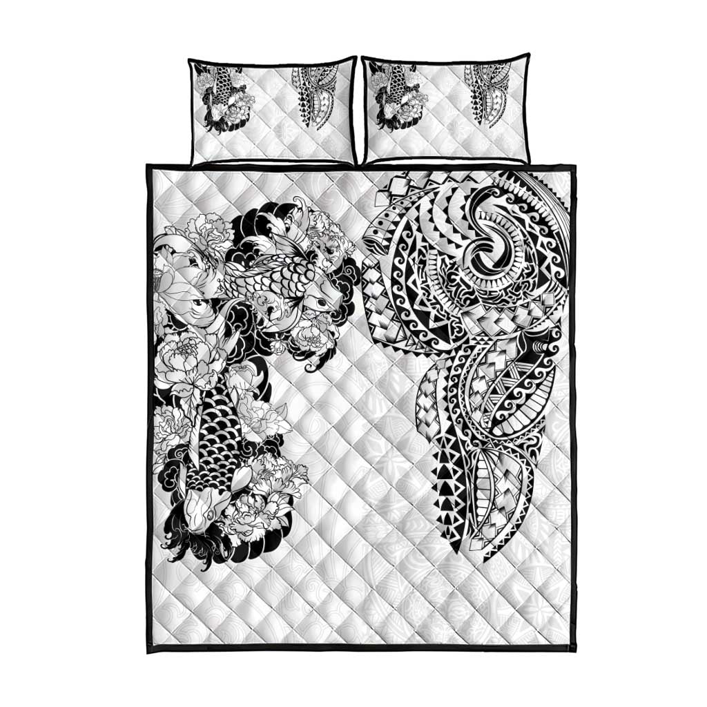 Japanese Irezumi and Hawaiian Polynesian Art Tattoo Quilt Bed Set White Color - Polynesian Pride