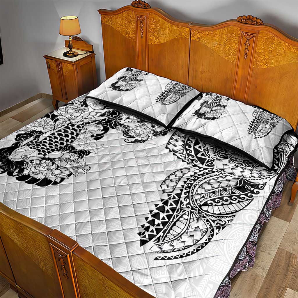 Japanese Irezumi and Hawaiian Polynesian Art Tattoo Quilt Bed Set White Color - Polynesian Pride