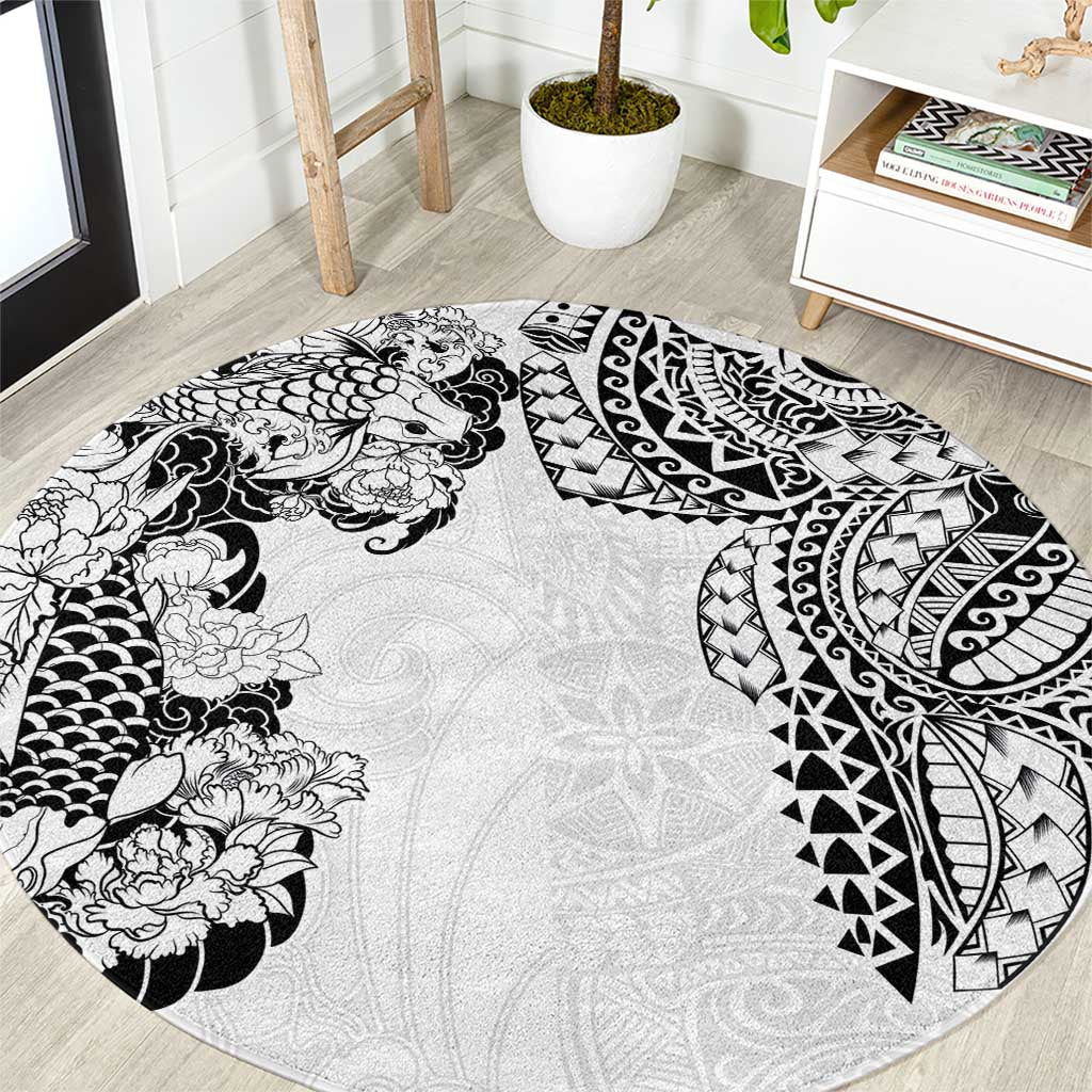 Japanese Irezumi and Hawaiian Polynesian Art Tattoo Round Carpet White Color - Polynesian Pride