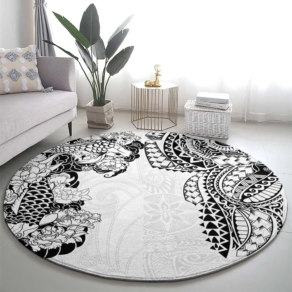 Japanese Irezumi and Hawaiian Polynesian Art Tattoo Round Carpet White Color - Polynesian Pride
