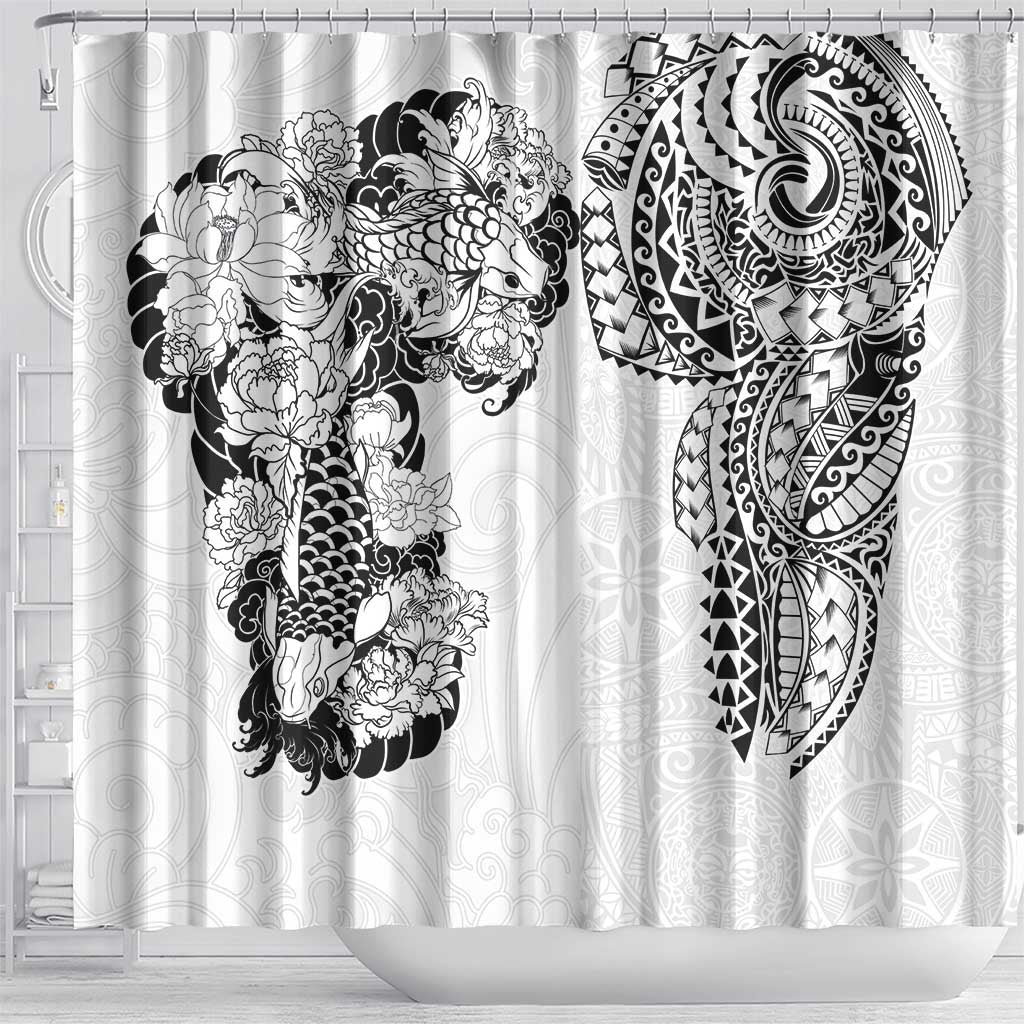 Japanese Irezumi and Hawaiian Polynesian Art Tattoo Shower Curtain White Color - Polynesian Pride