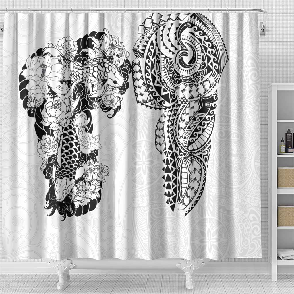 Japanese Irezumi and Hawaiian Polynesian Art Tattoo Shower Curtain White Color - Polynesian Pride