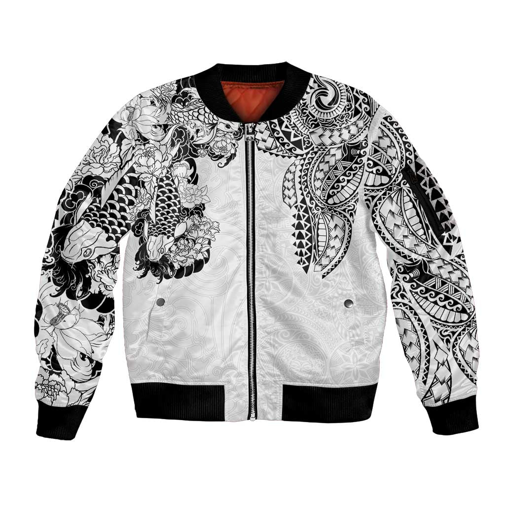 Japanese Irezumi and Hawaiian Polynesian Art Tattoo Sleeve Zip Bomber Jacket White Color - Polynesian Pride