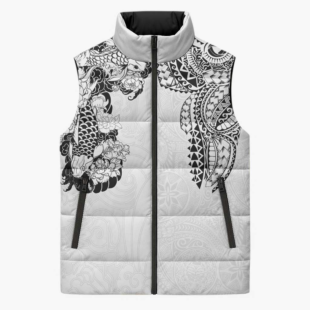 Japanese Irezumi and Hawaiian Polynesian Art Tattoo Sleeveless Puffer Jacket White Color LT03 Unisex White - Polynesian Pride