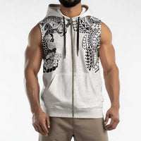 Japanese Irezumi and Hawaiian Polynesian Art Tattoo Sleeveless Zip Hoodie White Color - Polynesian Pride