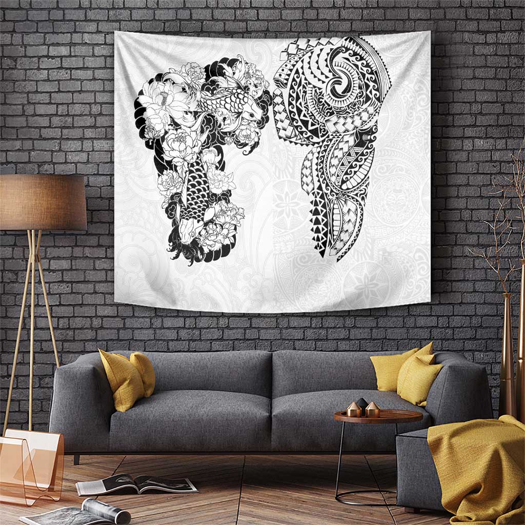 Japanese Irezumi and Hawaiian Polynesian Art Tattoo Tapestry White Color - Polynesian Pride