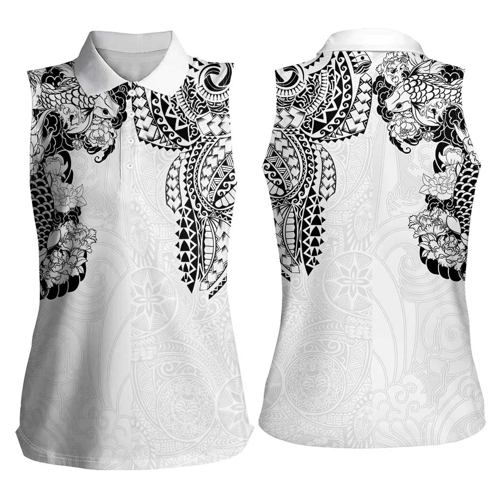 Japanese Irezumi and Hawaiian Polynesian Art Tattoo Women Sleeveless Polo Shirt White Color - Polynesian Pride