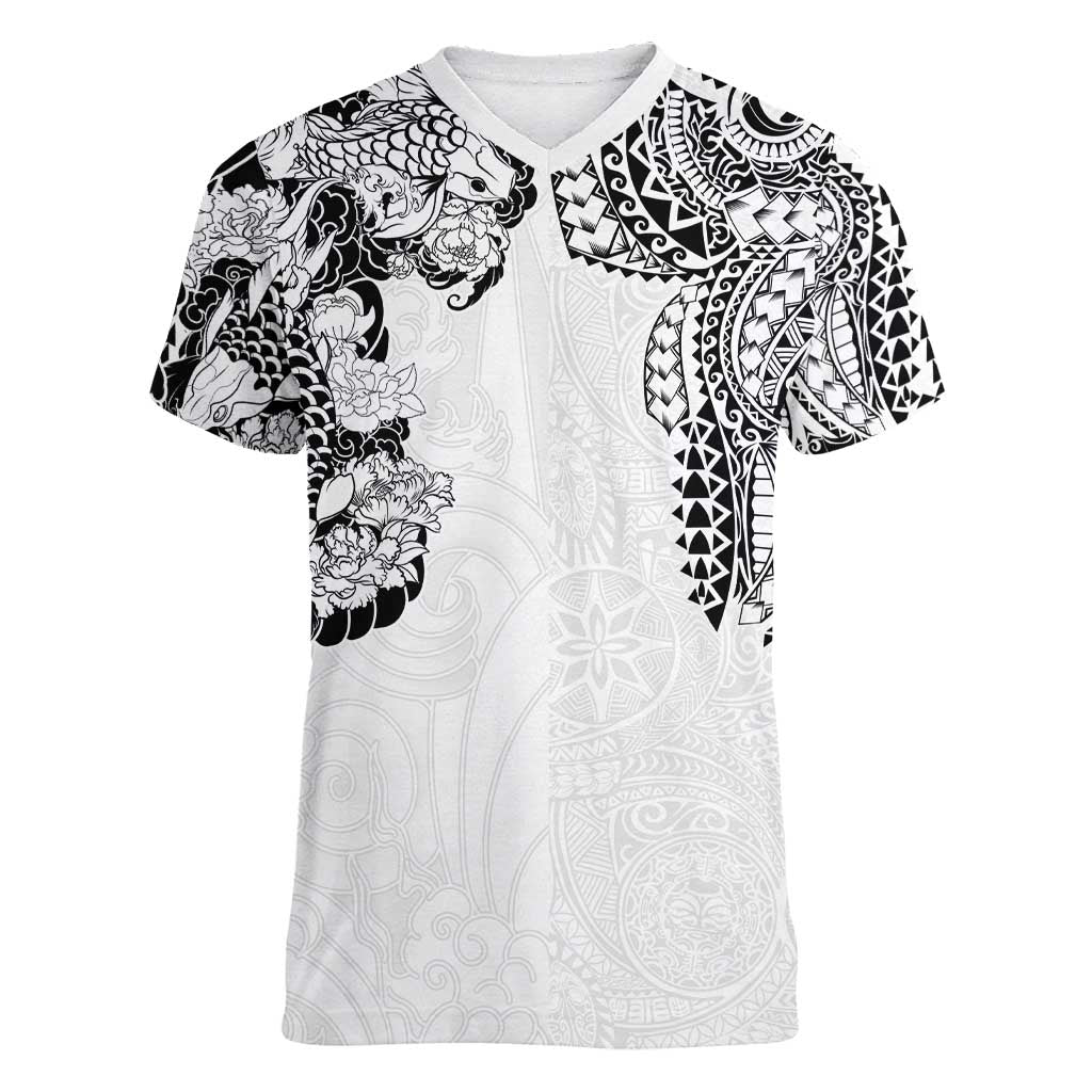 Japanese Irezumi and Hawaiian Polynesian Art Tattoo Women V-Neck T-Shirt White Color - Polynesian Pride