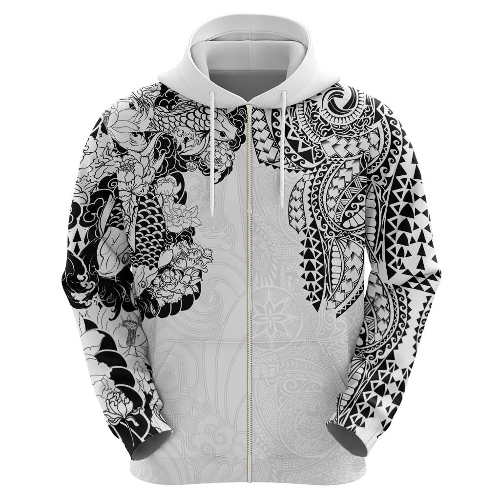 Japanese Irezumi and Hawaiian Polynesian Art Tattoo Zip Hoodie White Color - Polynesian Pride
