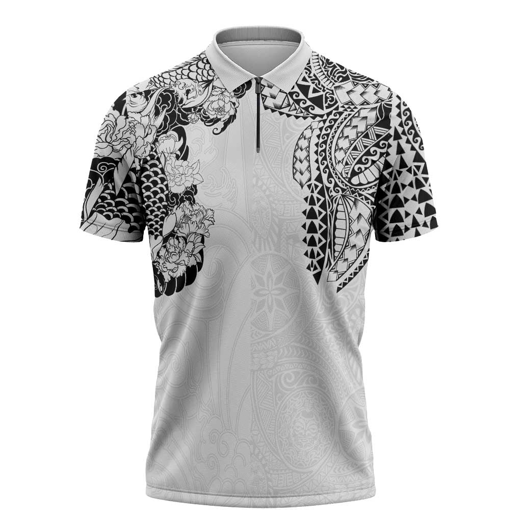 Japanese Irezumi and Hawaiian Polynesian Art Tattoo Zipper Polo Shirt White Color LT03 White - Polynesian Pride