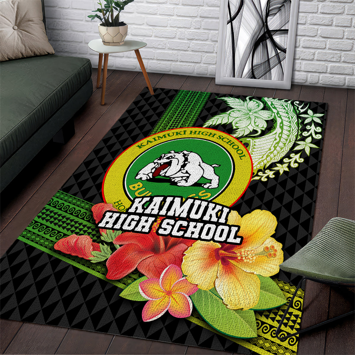 Hawaii Kaimuki High School Area Rug Tribal Kakau Pattern Mix Hibiscus Flower LT03 Black - Polynesian Pride