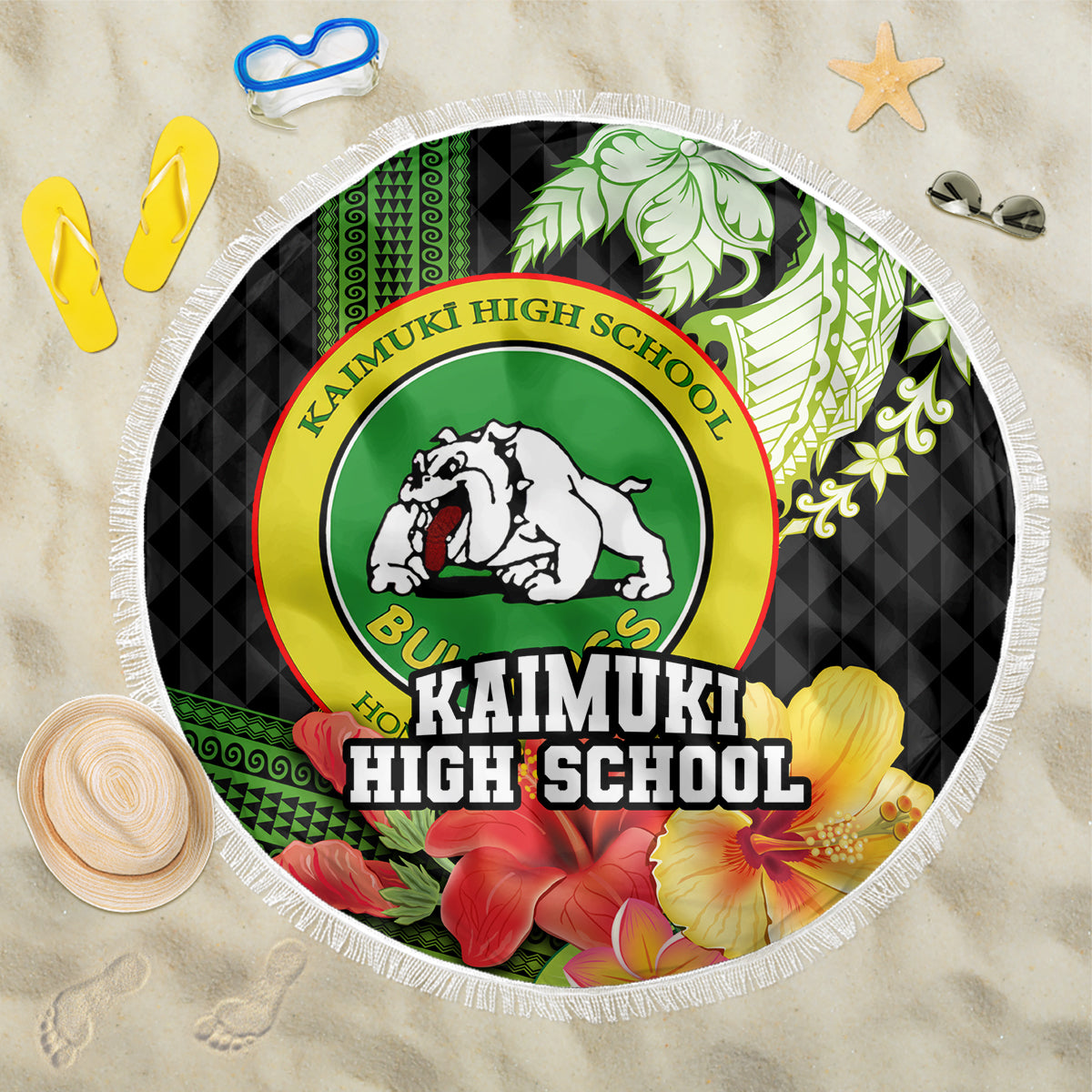 Hawaii Kaimuki High School Beach Blanket Tribal Kakau Pattern Mix Hibiscus Flower LT03 One Size 150cm Black - Polynesian Pride