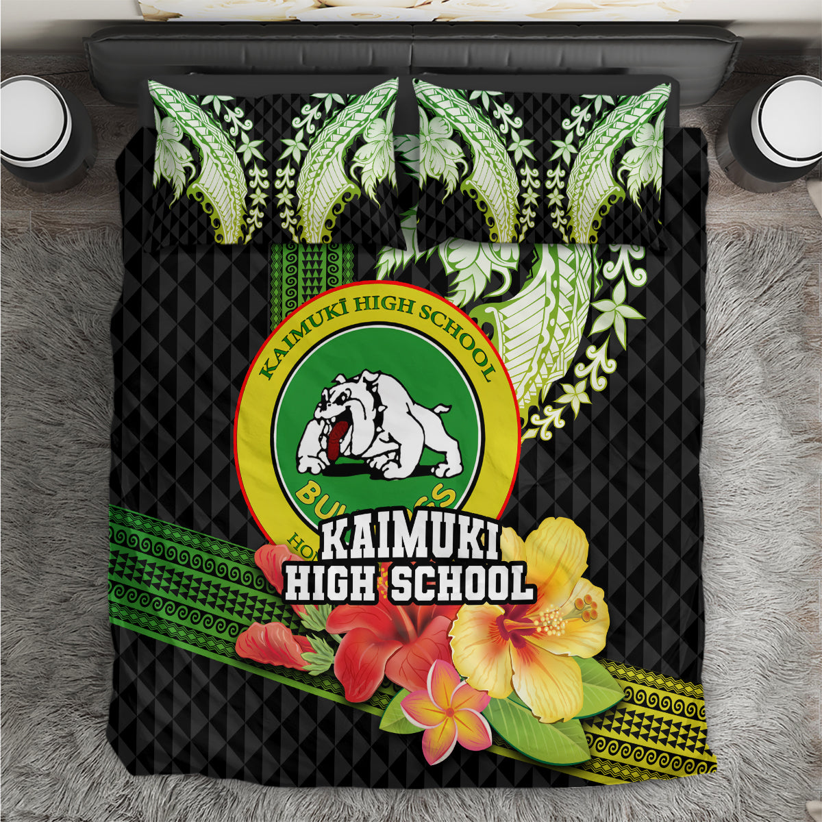 Hawaii Kaimuki High School Bedding Set Tribal Kakau Pattern Mix Hibiscus Flower LT03 Black - Polynesian Pride