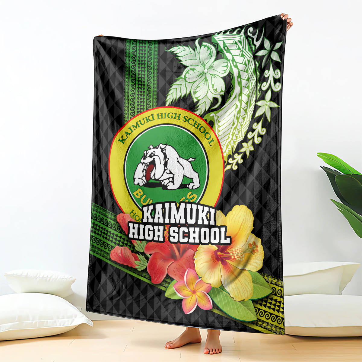 Hawaii Kaimuki High School Blanket Tribal Kakau Pattern Mix Hibiscus Flower LT03 Black - Polynesian Pride