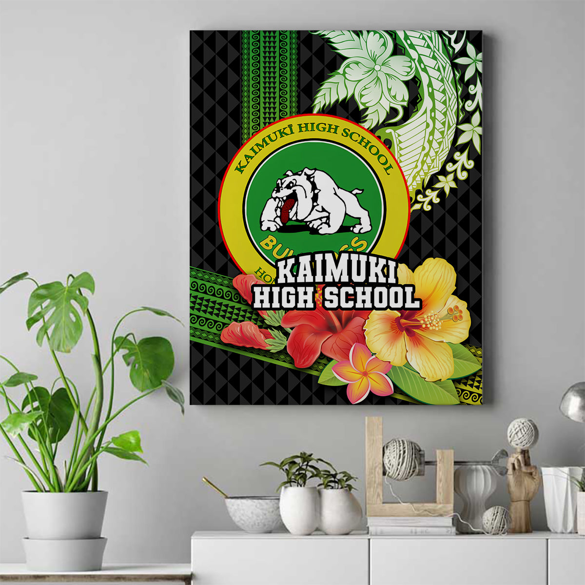 Hawaii Kaimuki High School Canvas Wall Art Tribal Kakau Pattern Mix Hibiscus Flower LT03 Black - Polynesian Pride