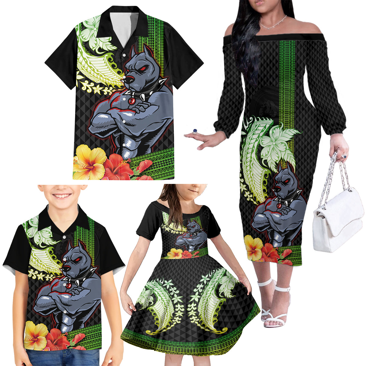 Hawaii Kaimuki High School Family Matching Off Shoulder Long Sleeve Dress and Hawaiian Shirt Tribal Kakau Pattern Mix Hibiscus Flower LT03 - Polynesian Pride