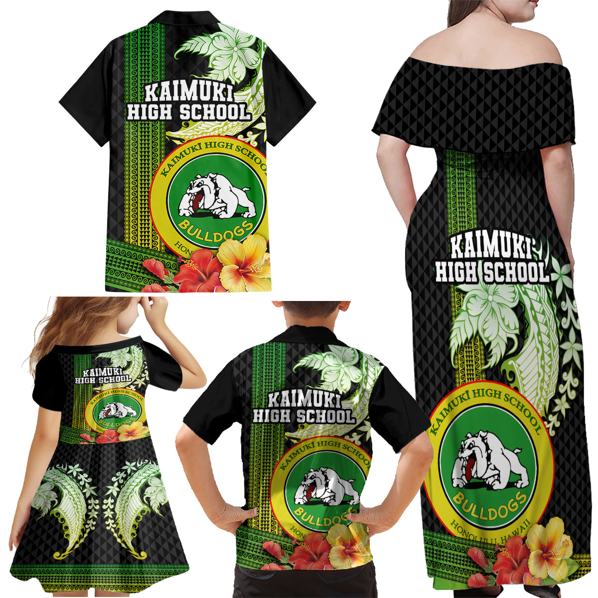 Hawaii Kaimuki High School Family Matching Off Shoulder Maxi Dress and Hawaiian Shirt Tribal Kakau Pattern Mix Hibiscus Flower LT03 - Polynesian Pride