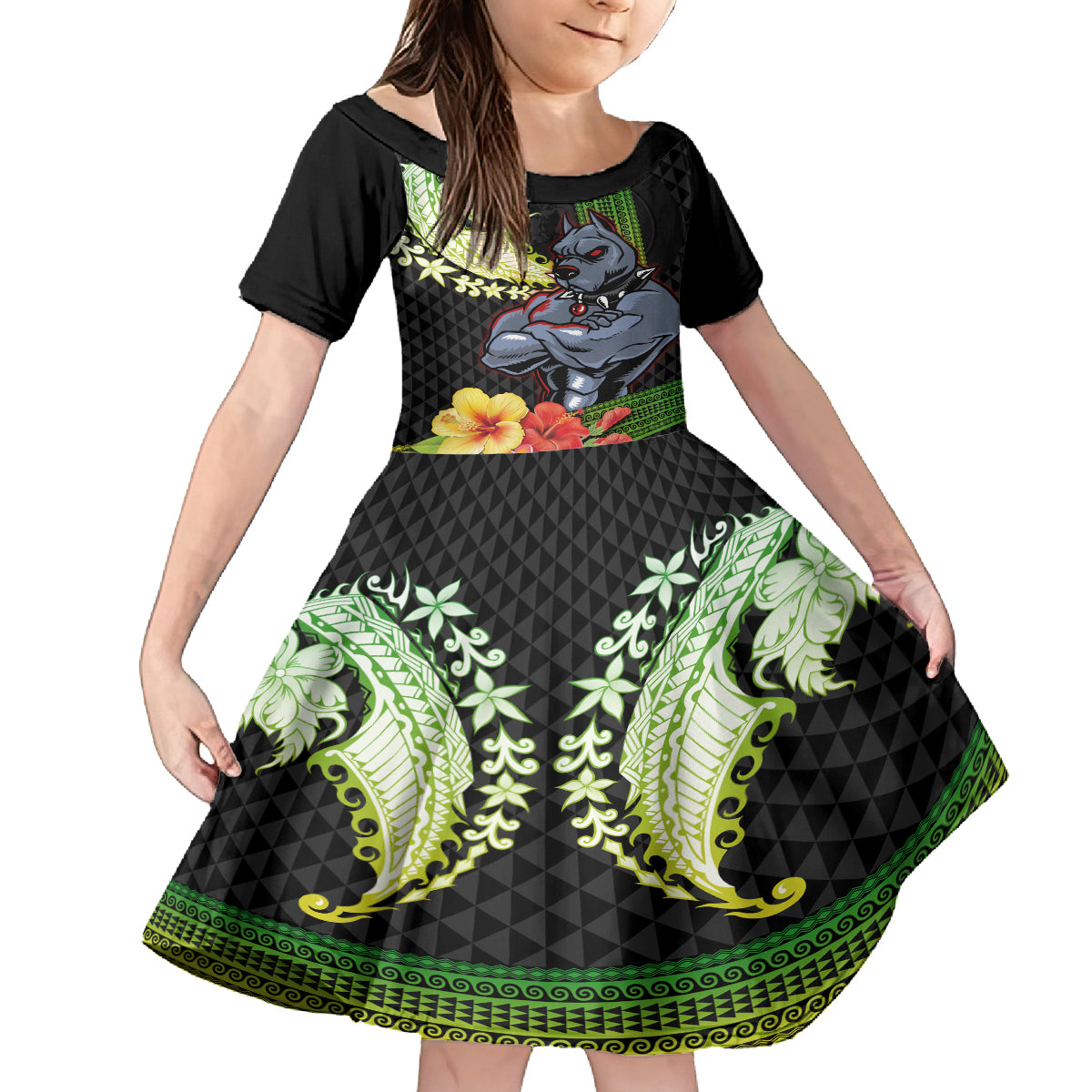 Hawaii Kaimuki High School Family Matching Tank Maxi Dress and Hawaiian Shirt Tribal Kakau Pattern Mix Hibiscus Flower LT03 Daughter's Dress Black - Polynesian Pride