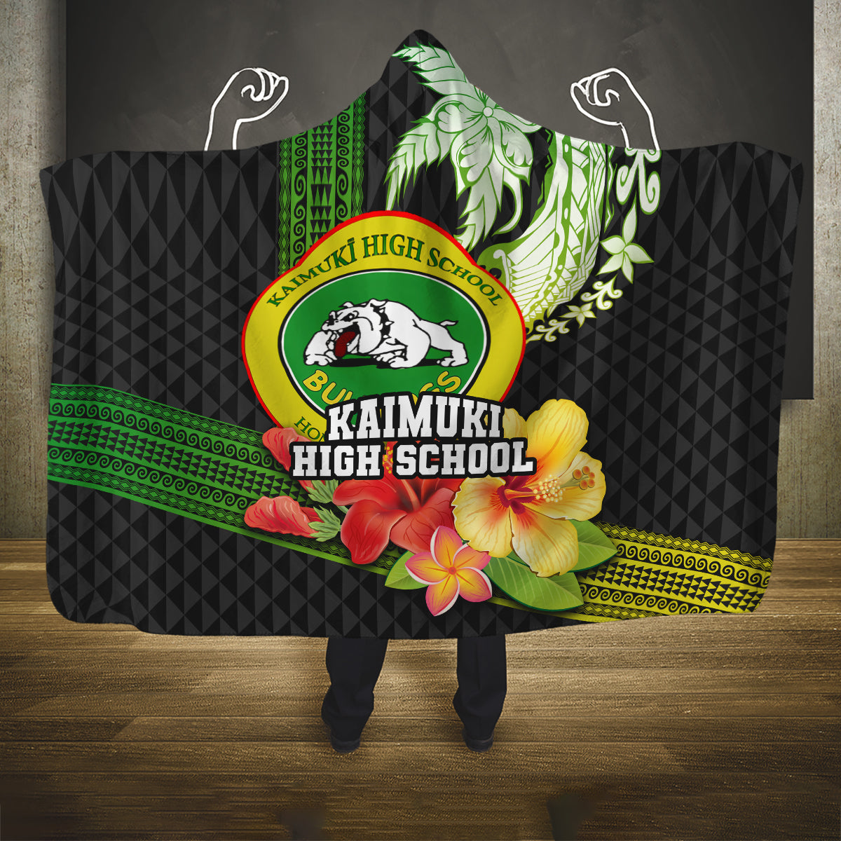 Hawaii Kaimuki High School Hooded Blanket Tribal Kakau Pattern Mix Hibiscus Flower LT03 One Size Black - Polynesian Pride