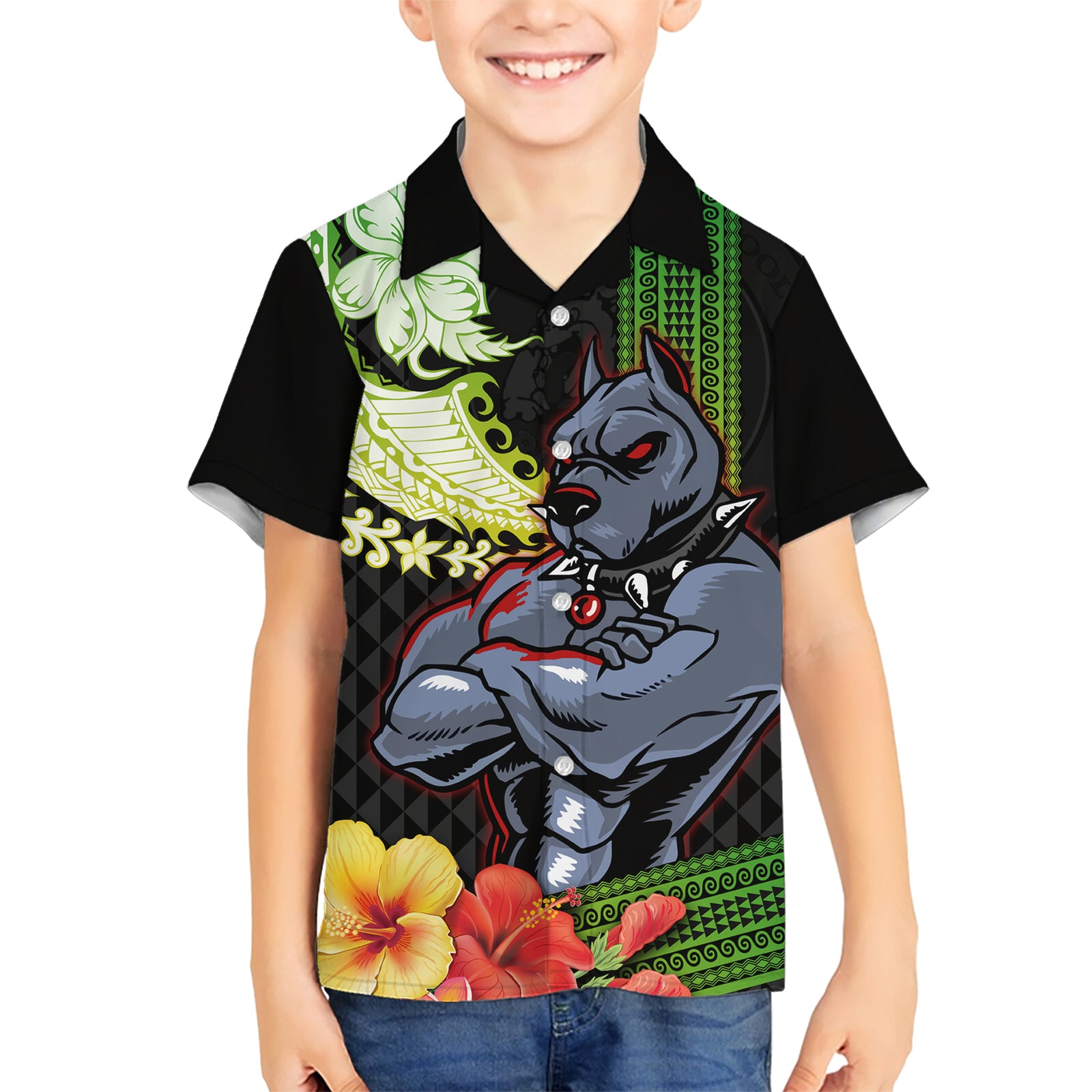 Hawaii Kaimuki High School Kid Hawaiian Shirt Tribal Kakau Pattern Mix Hibiscus Flower LT03 Kid Black - Polynesian Pride