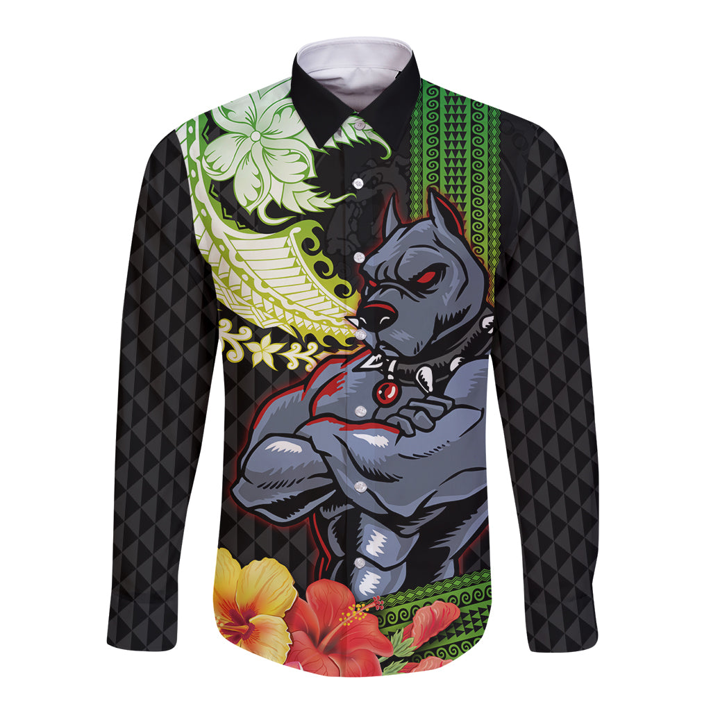 Hawaii Kaimuki High School Long Sleeve Button Shirt Tribal Kakau Pattern Mix Hibiscus Flower LT03 Unisex Black - Polynesian Pride