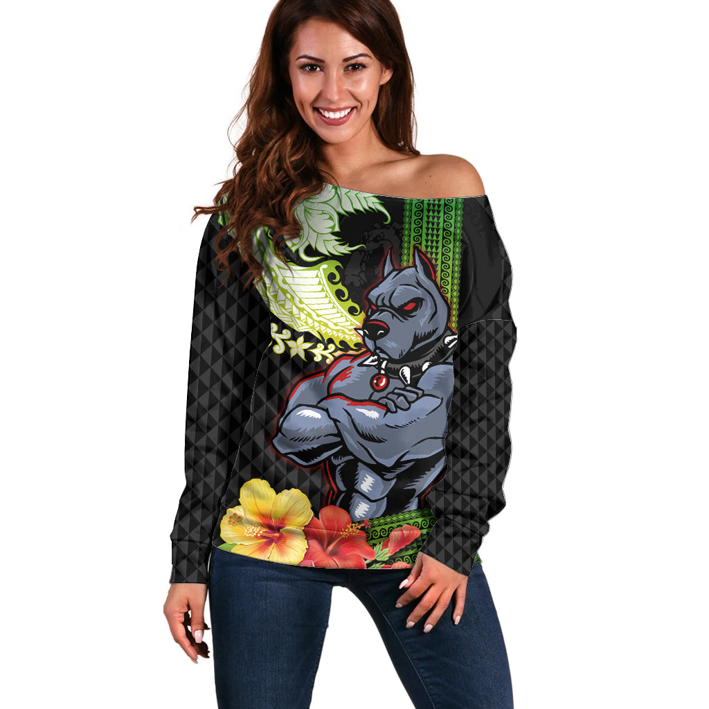 Hawaii Kaimuki High School Off Shoulder Sweater Tribal Kakau Pattern Mix Hibiscus Flower LT03 Women Black - Polynesian Pride