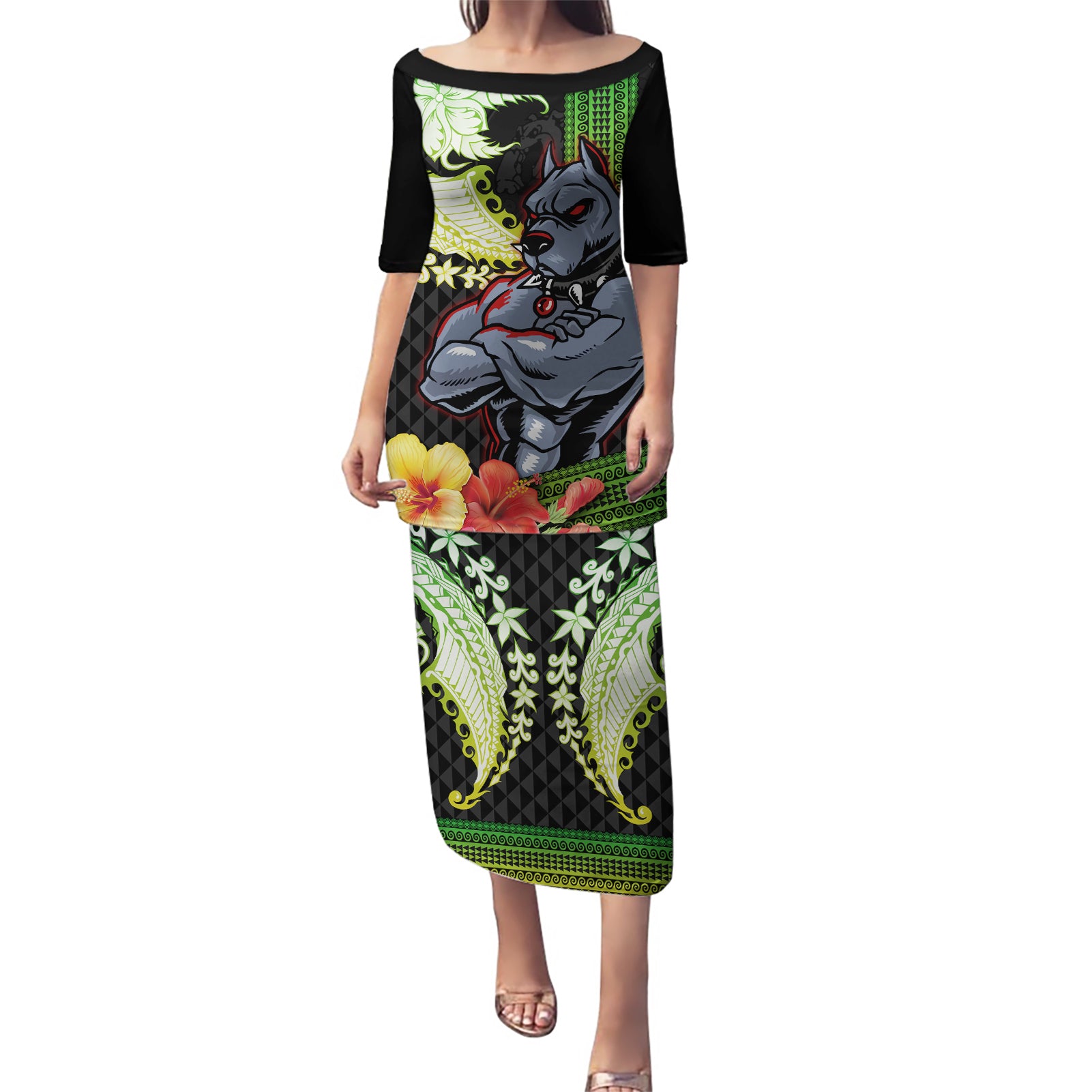 Hawaii Kaimuki High School Puletasi Tribal Kakau Pattern Mix Hibiscus Flower LT03 Long Dress Black - Polynesian Pride