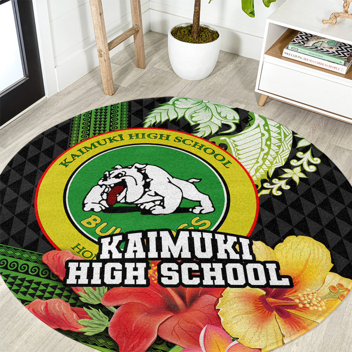 Hawaii Kaimuki High School Round Carpet Tribal Kakau Pattern Mix Hibiscus Flower LT03 Black - Polynesian Pride