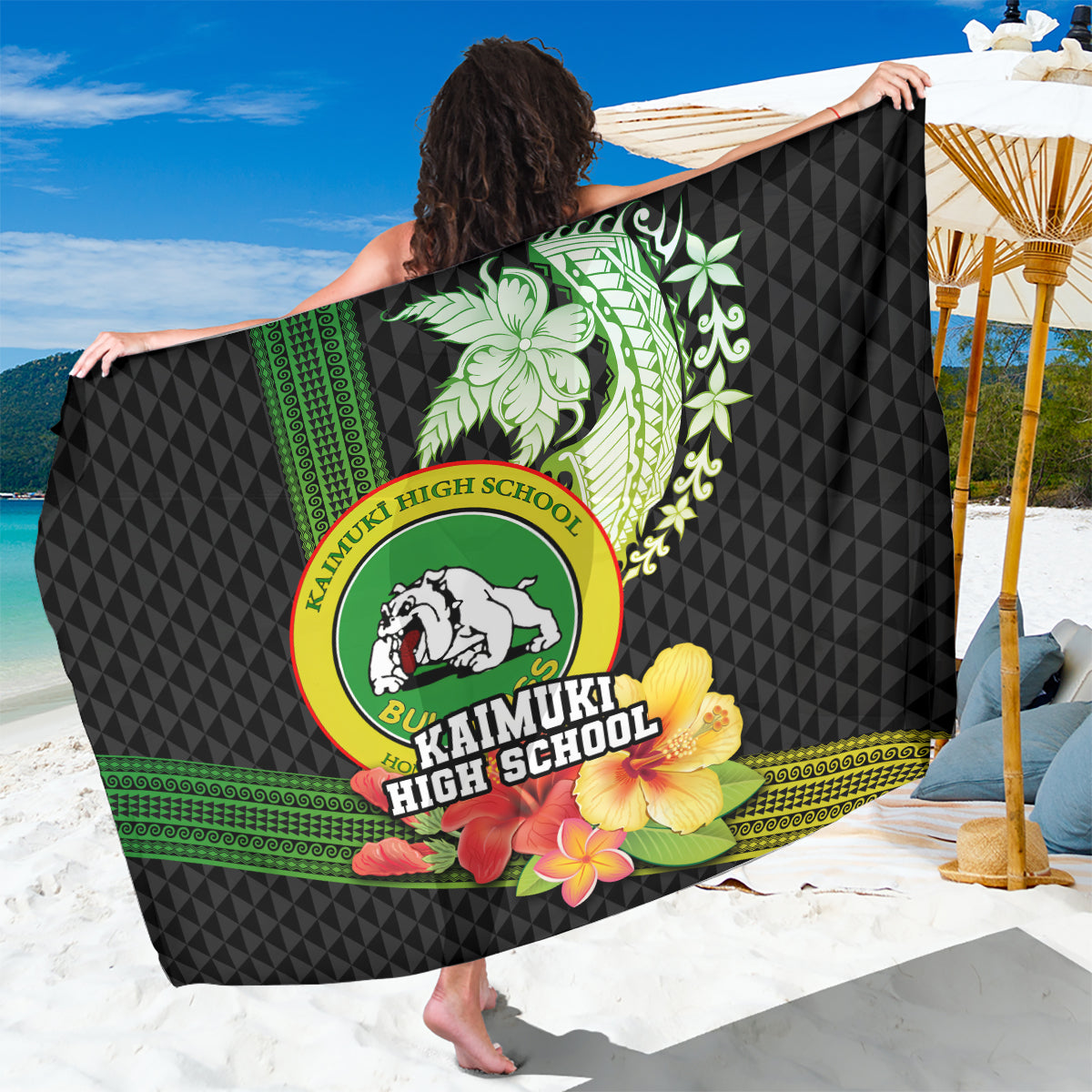 Hawaii Kaimuki High School Sarong Tribal Kakau Pattern Mix Hibiscus Flower LT03 One Size 44 x 66 inches Black - Polynesian Pride