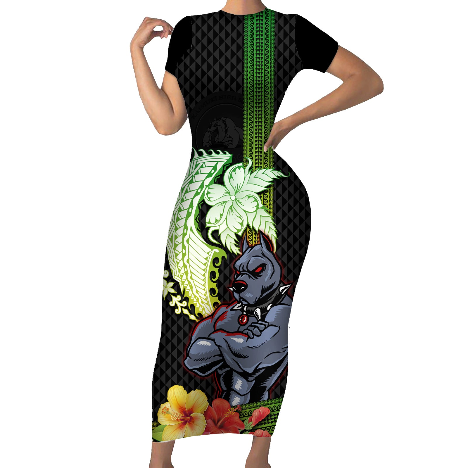 Hawaii Kaimuki High School Short Sleeve Bodycon Dress Tribal Kakau Pattern Mix Hibiscus Flower LT03 Long Dress Black - Polynesian Pride